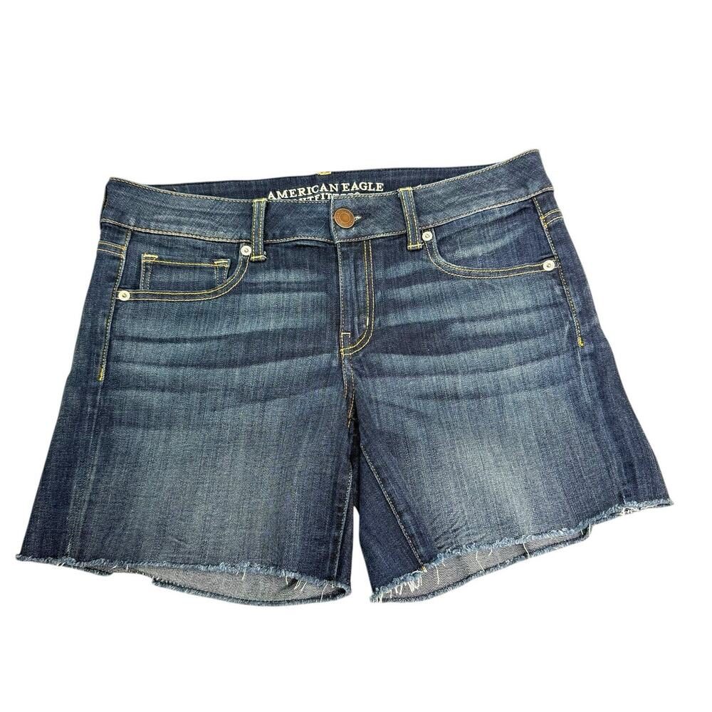 American Eagle Shorts Womens 10 Midi Blue Jean Denim Super Stretch Cut Off Fray